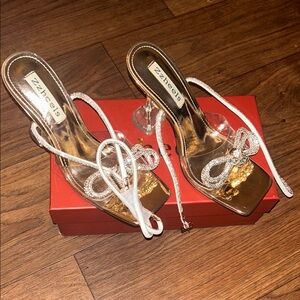 Gold and White High Heel Sandals with Clear Straps